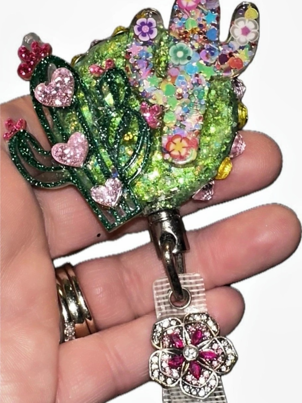 Embellished Floral badge holder Accessory Green & Pink